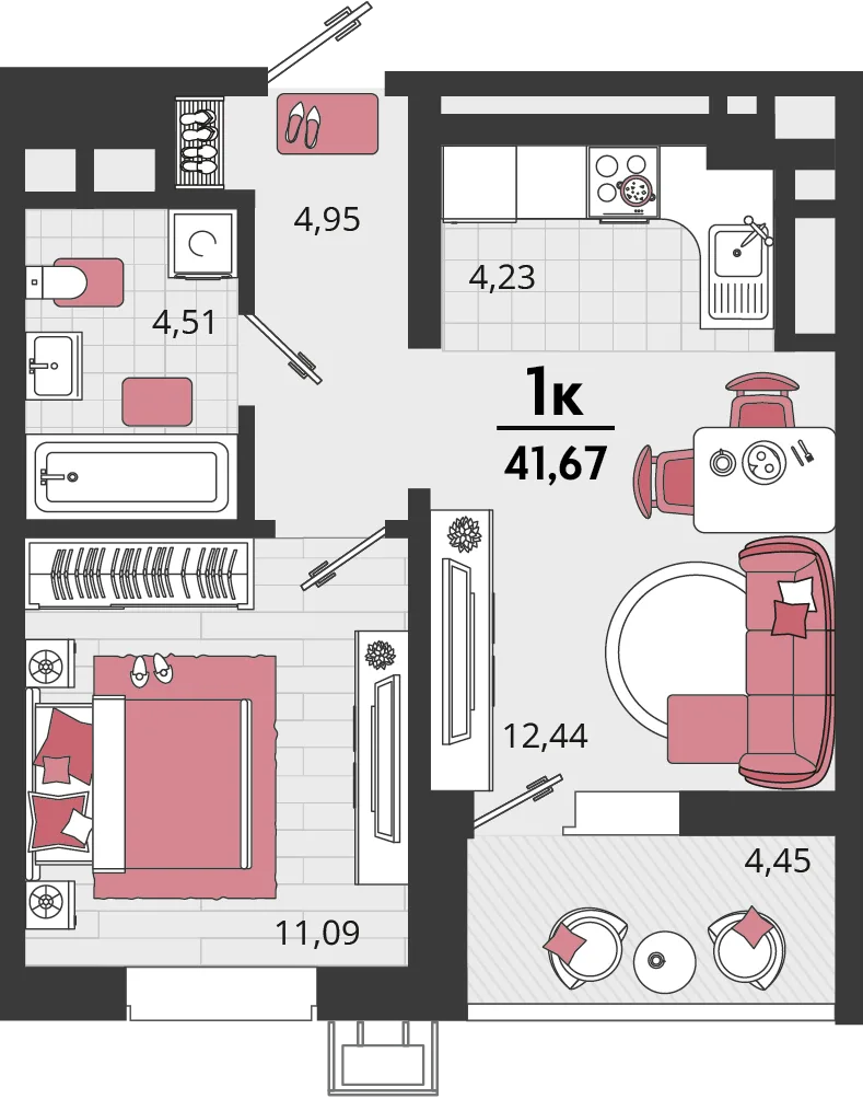 Планировка 2-комн. квартира, 41.67 м² ЖК «Родные просторы»