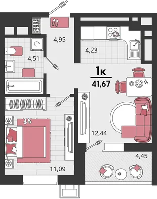 Планировка 2-комн. квартира, 41.67 м² ЖК «Родные просторы»