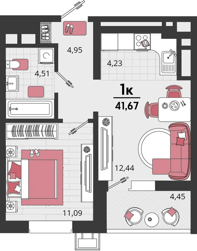 Планировка 2-комн. квартира, 41.67 м² ЖК «Родные просторы» Планировка 2-комн. квартира, 41.67 м² ЖК «Родные просторы»