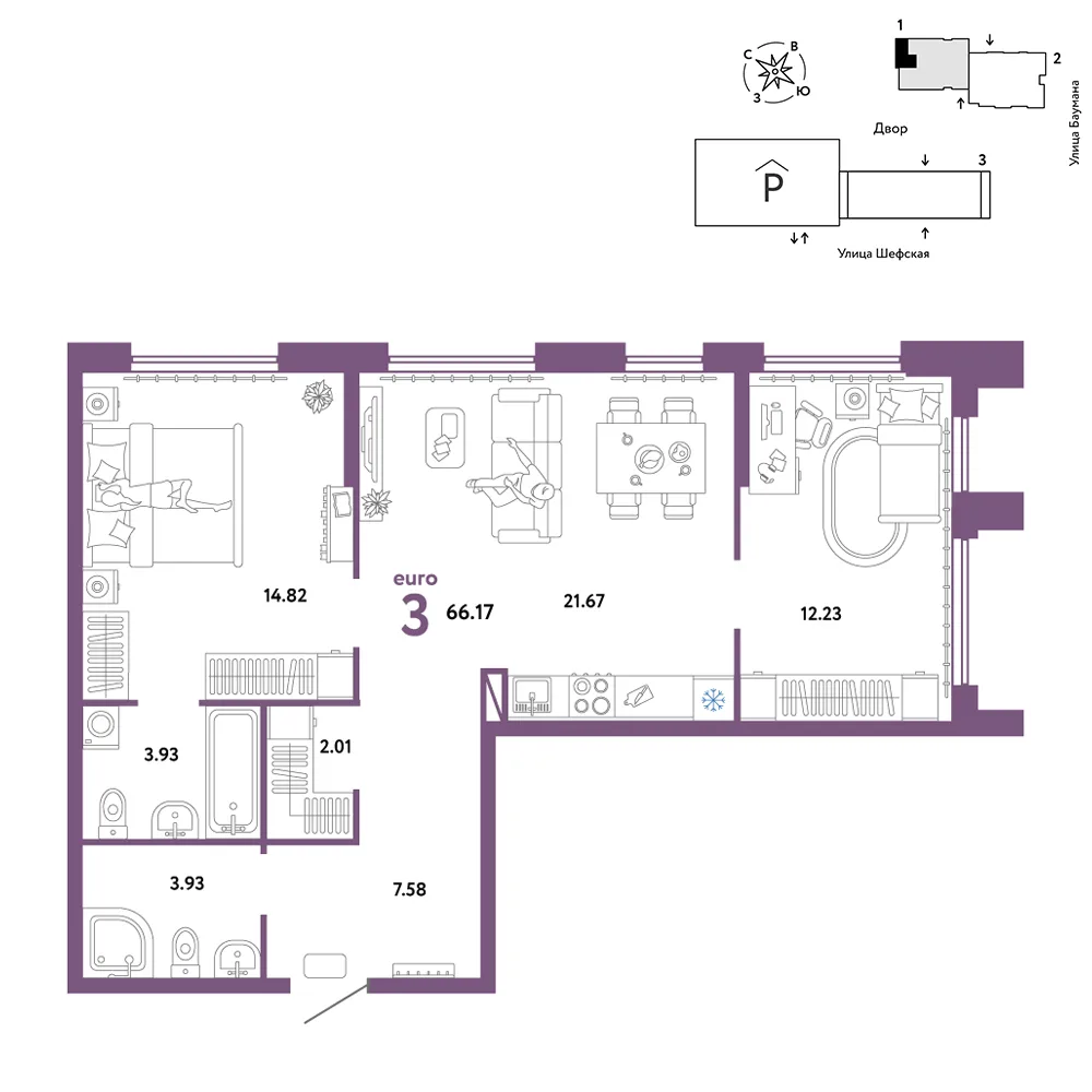 Планировка 3-комн. квартира, 66.17 м² ЖК «Страна.Энтузиастов»