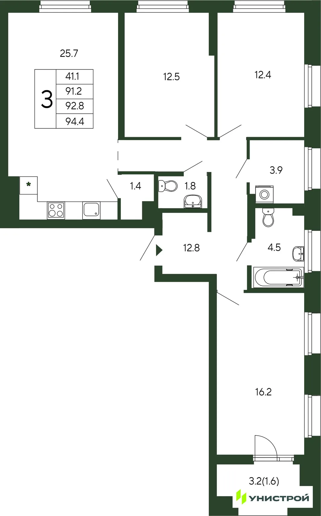 Планировка 3-комн. квартира, 92.8 м² ЖК «Парковый квартал 2.0»