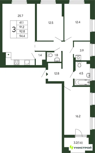 Планировка 3-комн. квартира, 92.8 м² ЖК «Парковый квартал 2.0»
