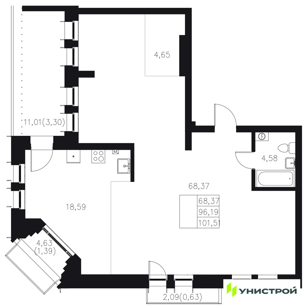 Планировка 1-комн. квартира, 101.51 м² ЖК «Statum»