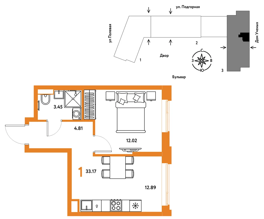 Планировка 1-комн. квартира, 33.25 м² ЖК «Авторский»