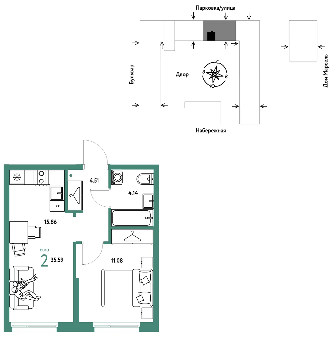 Планировка 2-комн. квартира, 35.59 м² ЖК «Европейский берег 2.0»