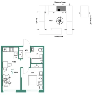 Планировка 2-комн. квартира, 35.59 м² ЖК «Европейский берег 2.0»