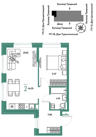 Планировка 2-комн. квартира, 44.3 м² ЖК «Микрорайон Домашний»