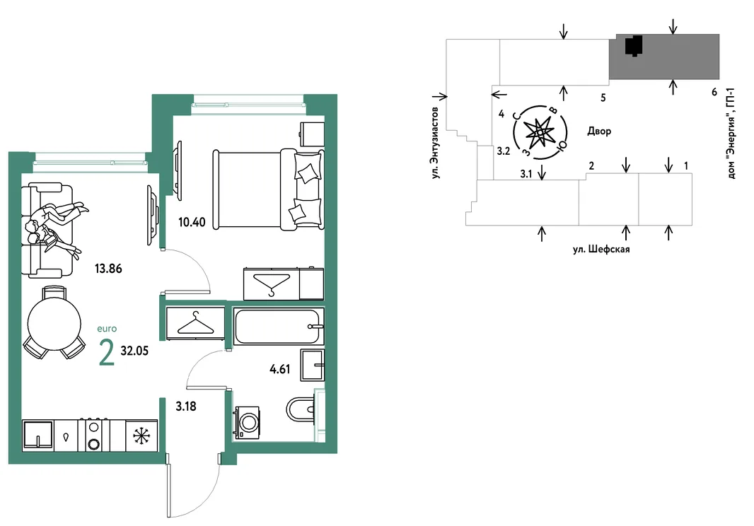 Планировка 2-комн. квартира, 32.05 м² ЖК «Страна.Энтузиастов»