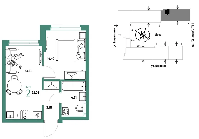 Планировка 2-комн. квартира, 32.05 м² ЖК «Страна.Энтузиастов»