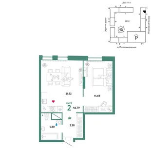 Планировка 2-комн. квартира, 46.79 м² ЖК «Юнион»