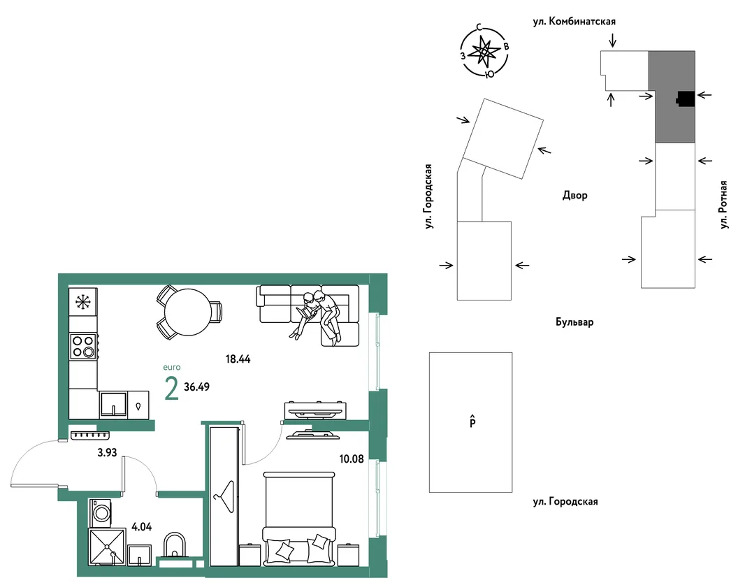 Планировка 2-комн. квартира, 36.49 м² ЖК «Уральский сад»