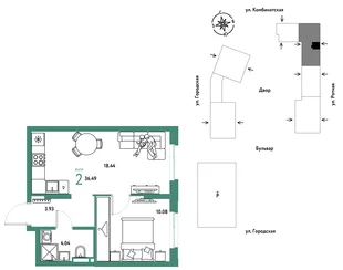Планировка 2-комн. квартира, 36.49 м² ЖК «Уральский сад»