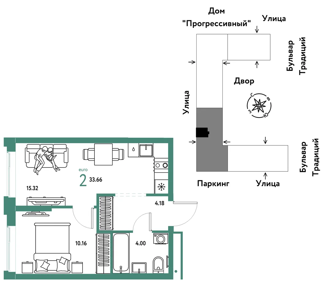 Планировка 2-комн. квартира, 33.66 м² ЖК «Микрорайон Домашний»