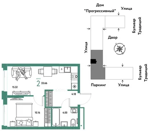 Планировка 2-комн. квартира, 33.66 м² ЖК «Микрорайон Домашний»