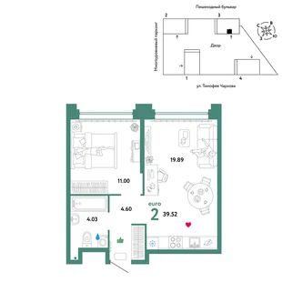 Планировка 2-комн. квартира, 39.52 м² ЖК «Микрорайон Звездный»