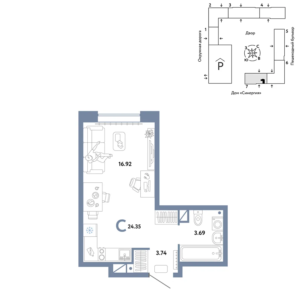 Планировка Студия, 24.35 м² ЖК «Юнион»
