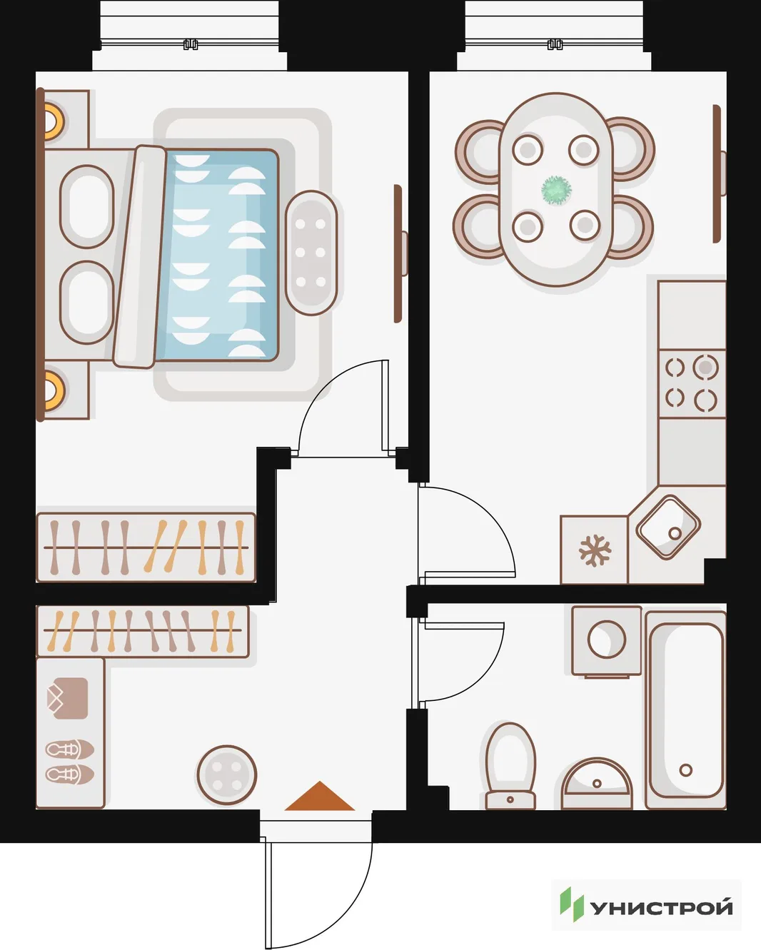 Планировка 1-комн. квартира, 36.22 м² ЖК «Жилой кластер Q на Кулагина»