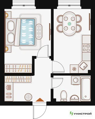 Планировка 1-комн. квартира, 36.22 м² ЖК «Жилой кластер Q на Кулагина»
