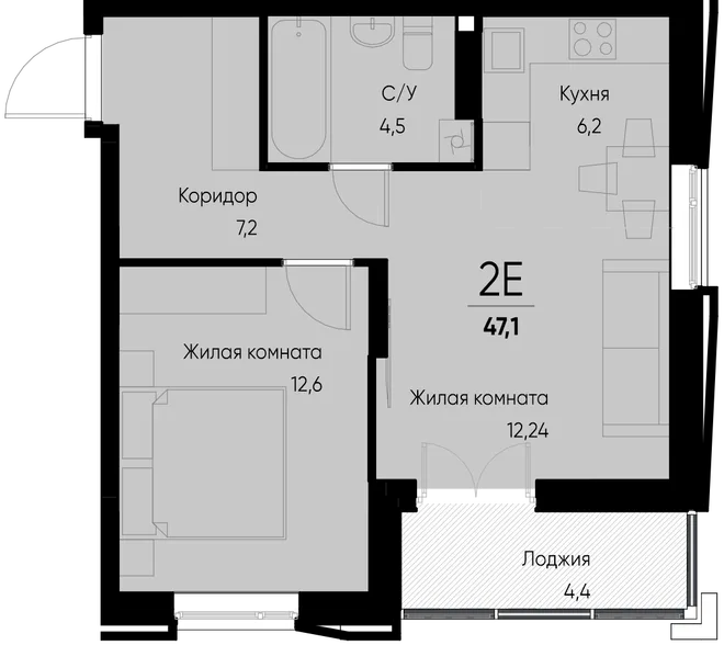 Планировка 2-комн. квартира, 47.1 м² ЖК «Васильевский остров» Планировка 2-комн. квартира, 47.1 м² ЖК «Васильевский остров»