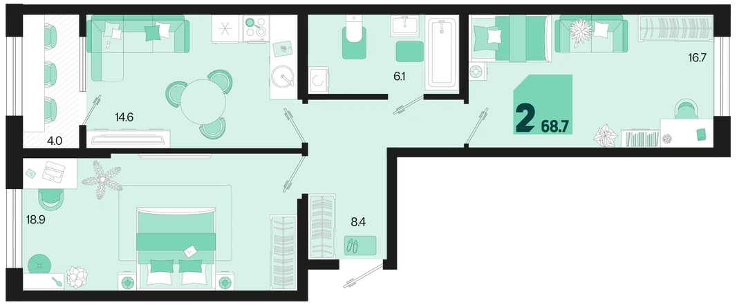 Планировка 2-комн. квартира, 68.7 м² ЖК «Первое место»
