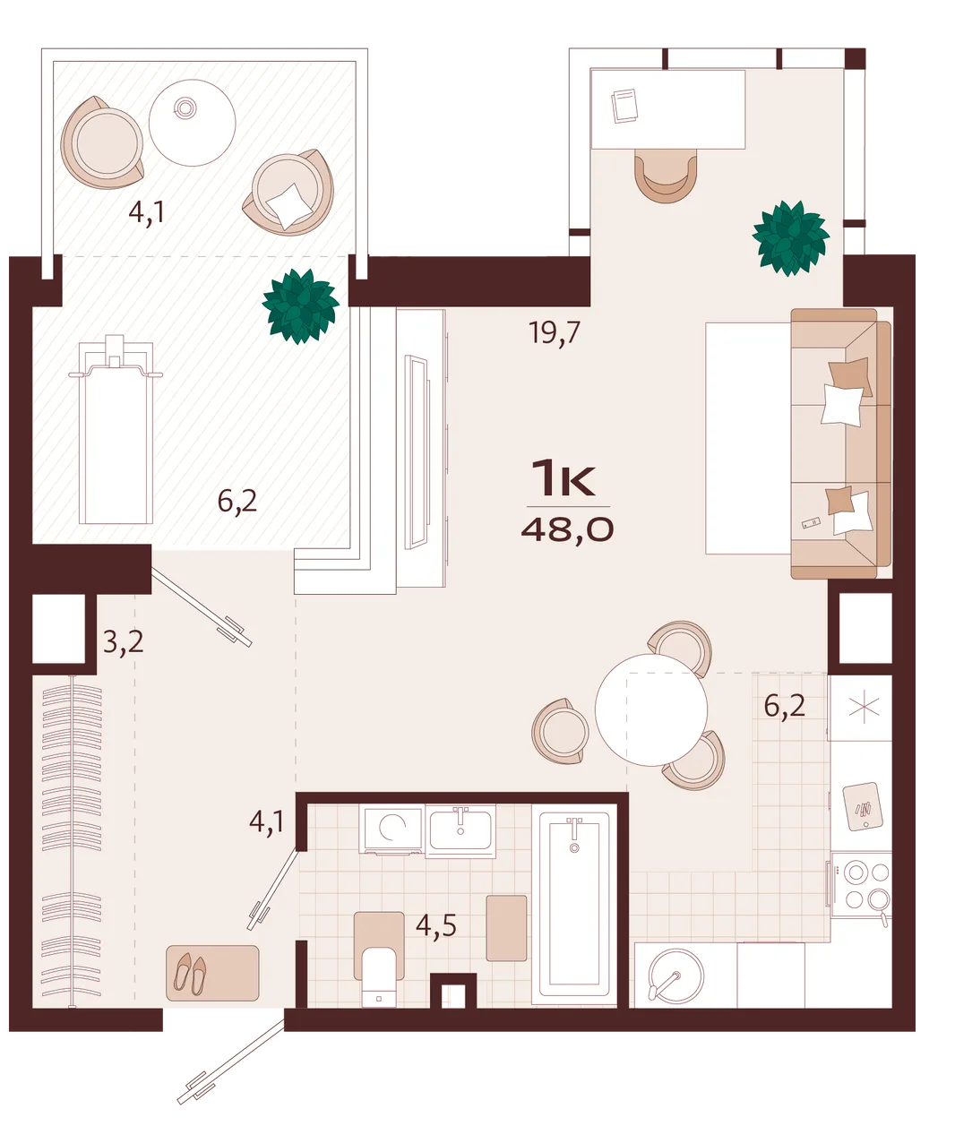 Планировка 1-комн. квартира, 48 м² ЖК «Роялта»
