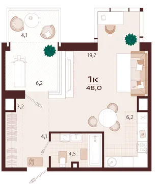 Планировка 1-комн. квартира, 48 м² ЖК «Роялта»