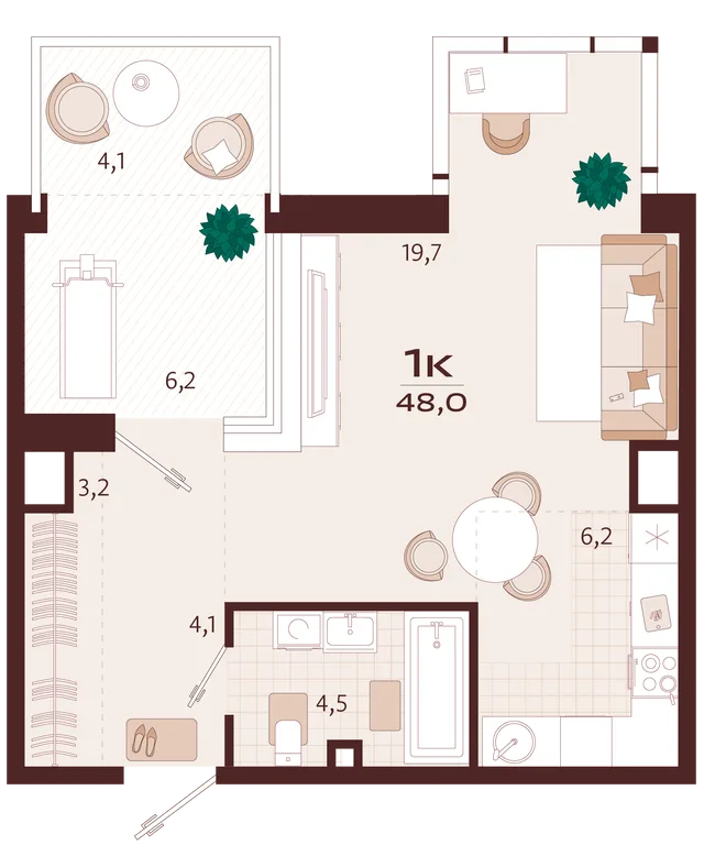 Планировка 1-комн. квартира, 48 м² ЖК «Роялта»
