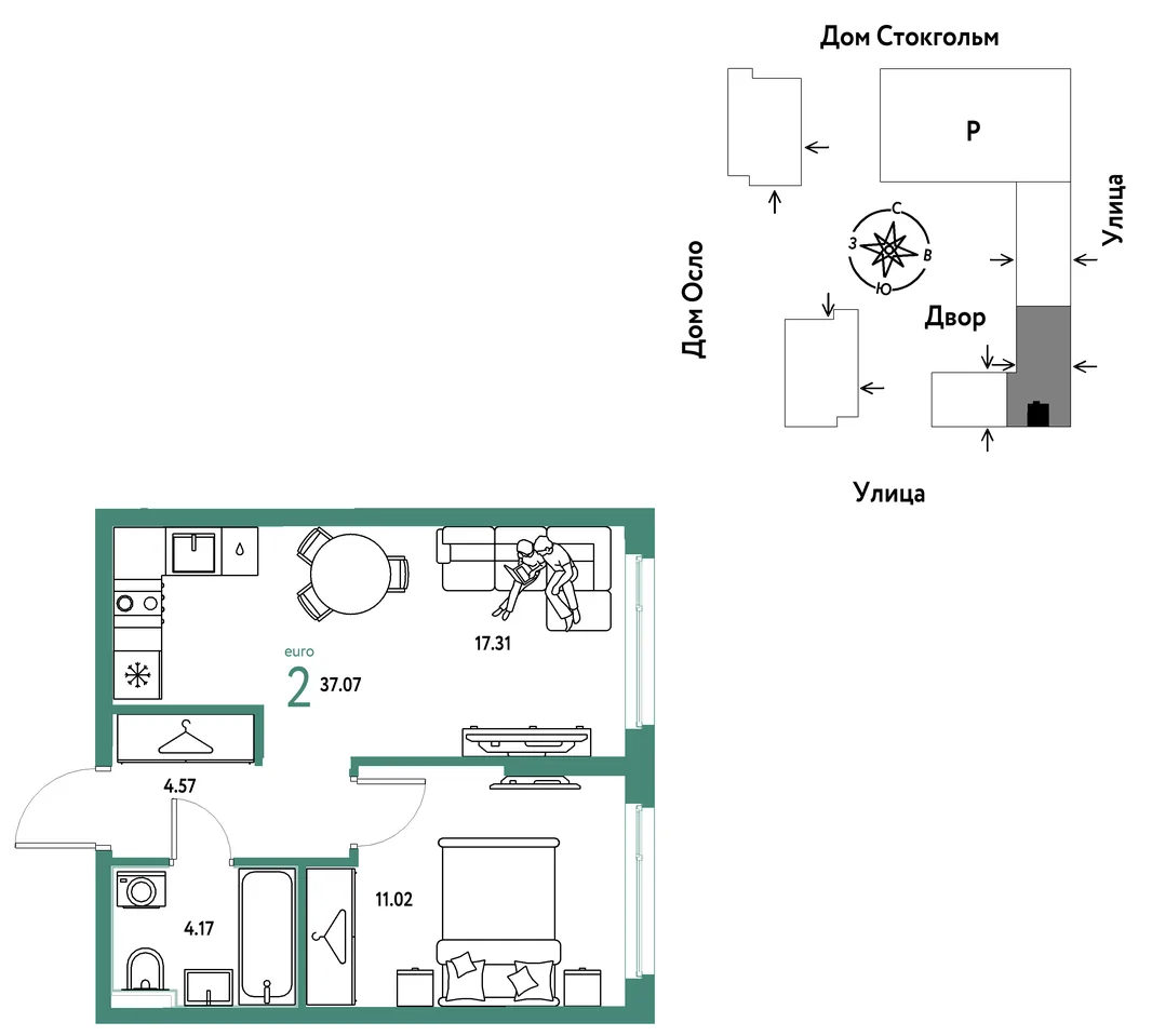 Планировка 2-комн. квартира, 37.07 м² ЖК «Европейский берег 2.0»