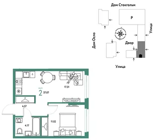 Планировка 2-комн. квартира, 37.07 м² ЖК «Европейский берег 2.0»