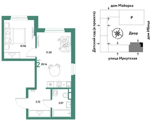Планировка 2-комн. квартира, 39.14 м² ЖК «Остров-сад»