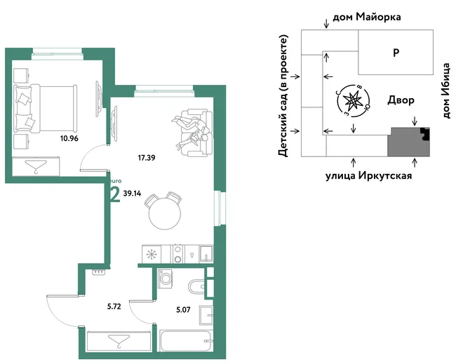 Планировка 2-комн. квартира, 39.14 м² ЖК «Остров-сад» Планировка 2-комн. квартира, 39.14 м² ЖК «Остров-сад»