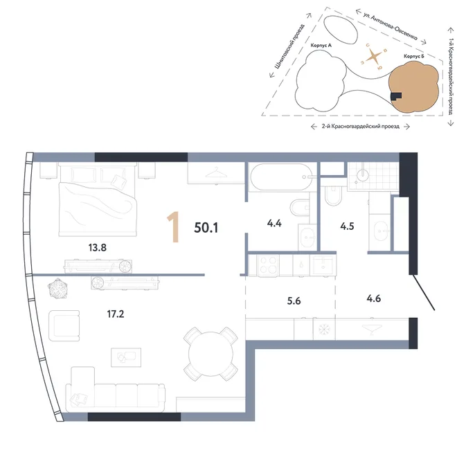 Планировка 1-комн. квартира, 50.1 м² ЖК «АУРУС Резиденции» Планировка 1-комн. квартира, 50.1 м² ЖК «АУРУС Резиденции»
