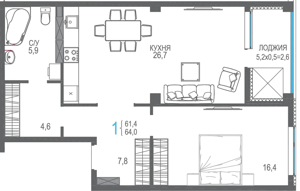 Планировка 1-комн. квартира, 66.6 м² ЖК «Центрпарк»