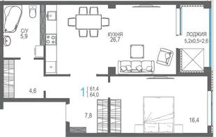 Планировка 1-комн. квартира, 66.6 м² ЖК «Центрпарк»