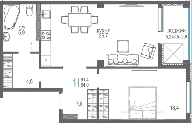 Планировка 1-комн. квартира, 66.6 м² ЖК «Центрпарк»