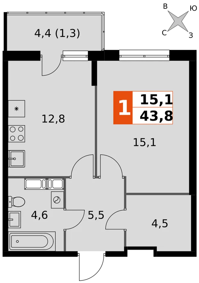 Планировка 1-комн. квартира, 43.8 м² ЖК «Олимп» Планировка 1-комн. квартира, 43.8 м² ЖК «Олимп»