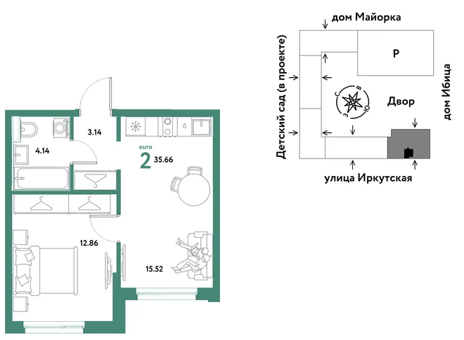 Планировка 2-комн. квартира, 35.66 м² ЖК «Остров-сад» Планировка 2-комн. квартира, 35.66 м² ЖК «Остров-сад»