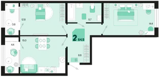 Планировка 2-комн. квартира, 64.9 м² ЖК «Первое место»