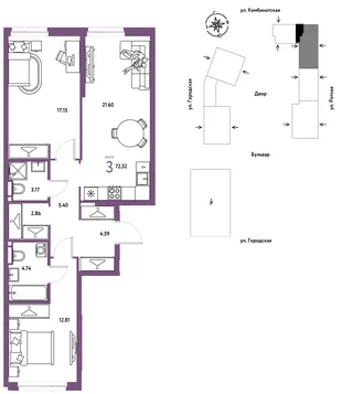 Планировка 3-комн. квартира, 72.32 м² ЖК «Уральский сад»