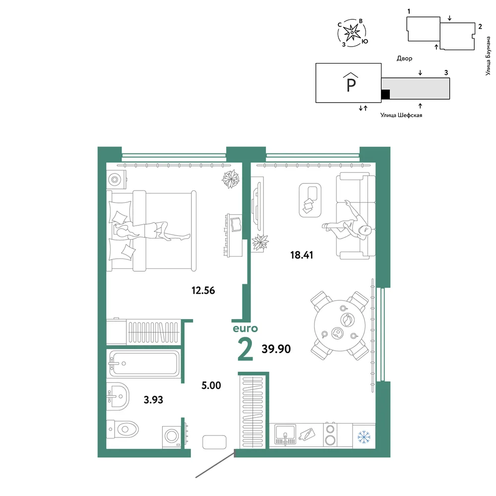 Планировка 2-комн. квартира, 39.9 м² ЖК «Страна.Энтузиастов»