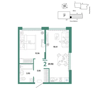 Планировка 2-комн. квартира, 39.9 м² ЖК «Страна.Энтузиастов»