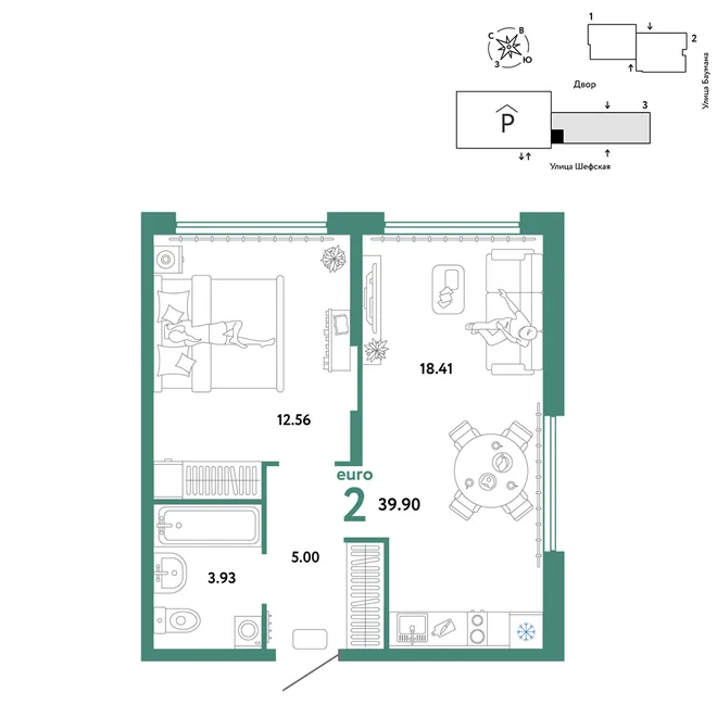 Планировка 2-комн. квартира, 39.9 м² ЖК «Страна.Энтузиастов» Планировка 2-комн. квартира, 39.9 м² ЖК «Страна.Энтузиастов»