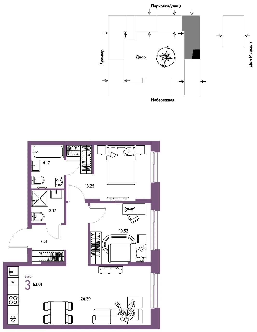 Планировка 3-комн. квартира, 63.01 м² ЖК «Европейский берег 2.0»