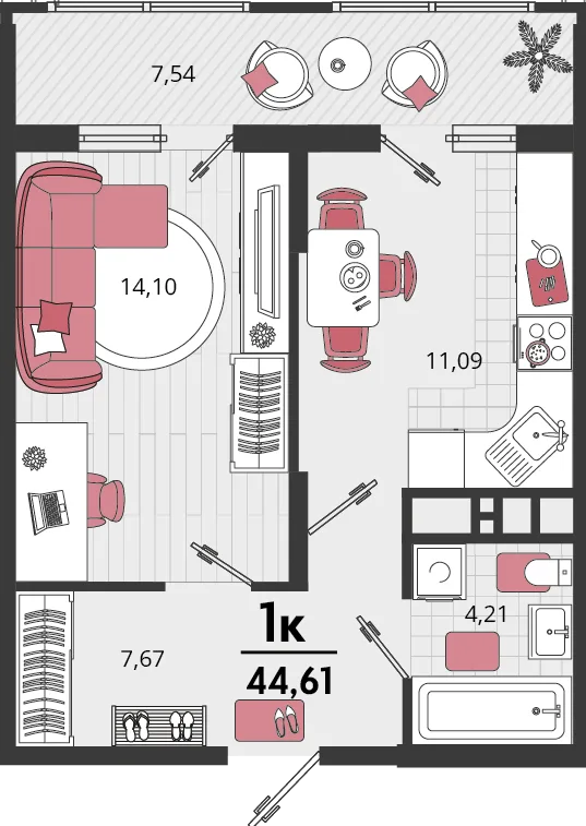 Планировка 1-комн. квартира, 44.61 м² ЖК «Родные просторы»