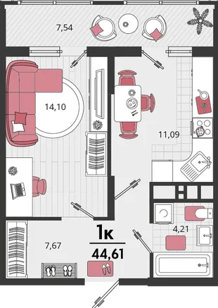 Планировка 1-комн. квартира, 44.61 м² ЖК «Родные просторы»