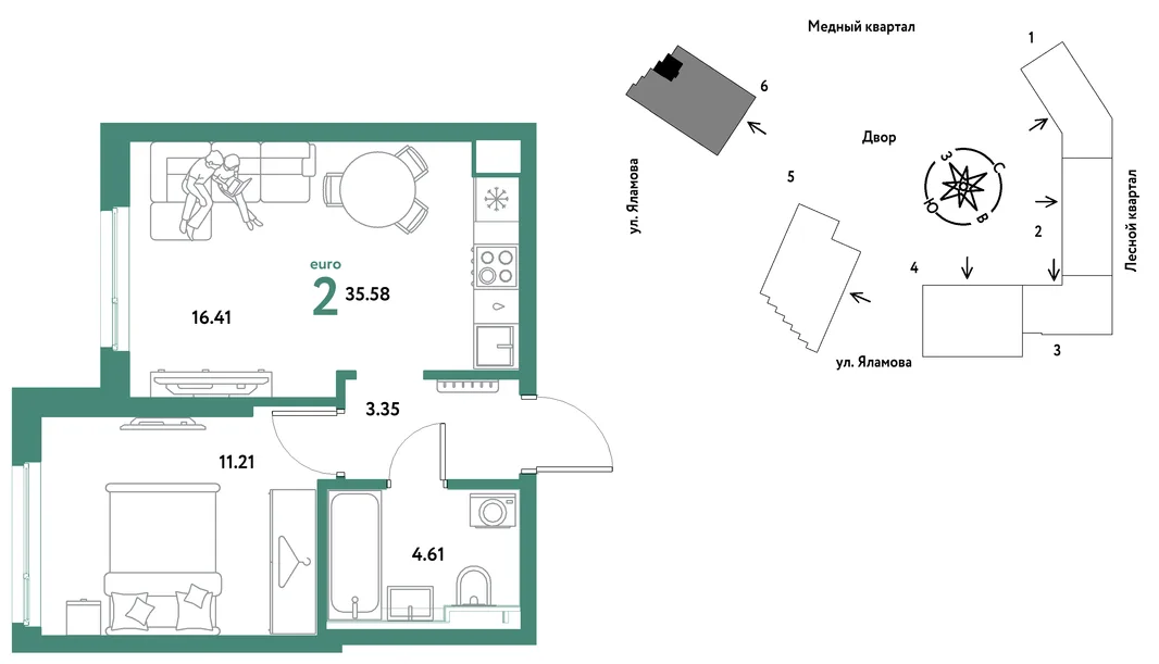 Планировка 2-комн. квартира, 35.58 м² ЖК «Сибирский сад»