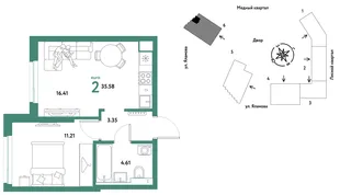 Планировка 2-комн. квартира, 35.58 м² ЖК «Сибирский сад»