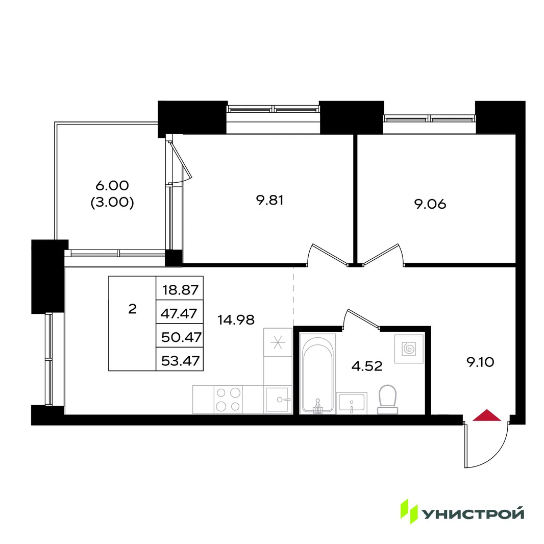 Планировка 2-комн. квартира, 50.47 м² ЖК «Уникум на Энгельса»