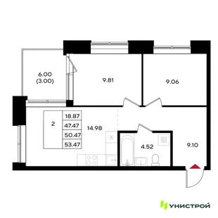 Планировка 2-комн. квартира, 50.47 м² ЖК «Уникум на Энгельса»
