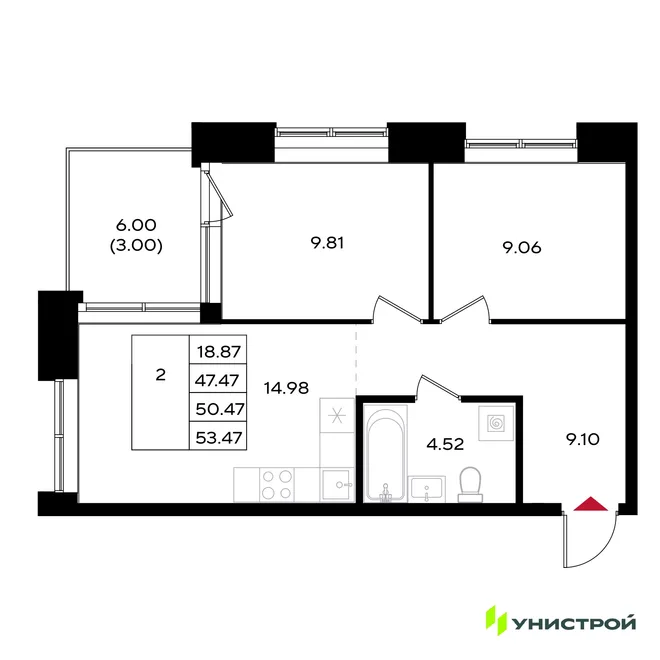 Планировка 2-комн. квартира, 50.47 м² ЖК «Уникум на Энгельса» Планировка 2-комн. квартира, 50.47 м² ЖК «Уникум на Энгельса»